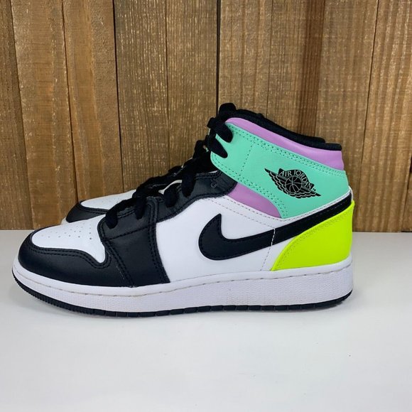 Jordan 1 Mid Pastel Black Toe Womens 6.5 Girls 5Y Green Purple Athletic Shoes - Picture 4 of 11